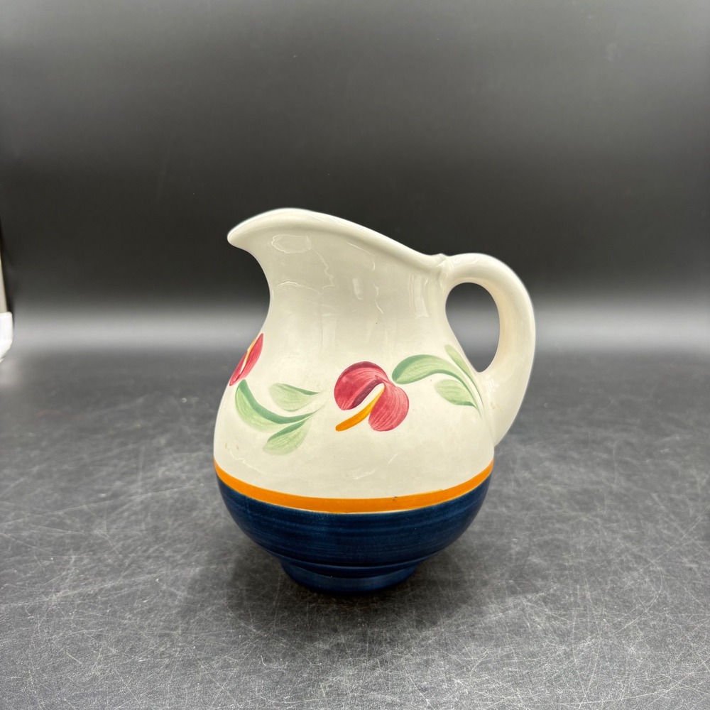 Vintage Ceramic Floral Pitcher Creamer Small Blue White Orange Good Crazing